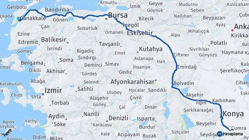 Çanakkale Çumra Arası Kaç Km - Yol Tarifi