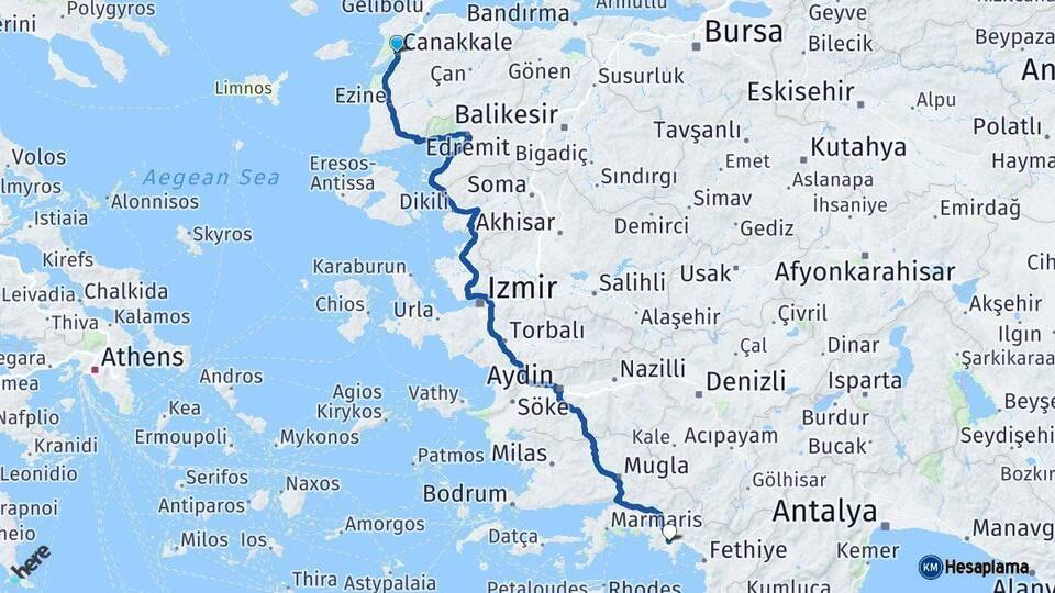 Çanakkale Dalaman Muğla Arası Kaç Km - Yol Haritası