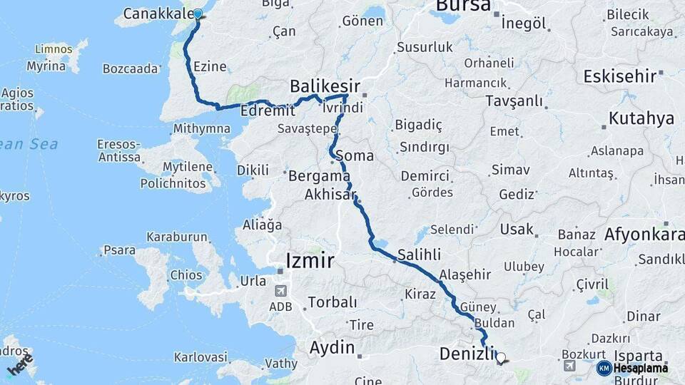Çanakkale Denizli Arası Kaç Km - Yol Haritası