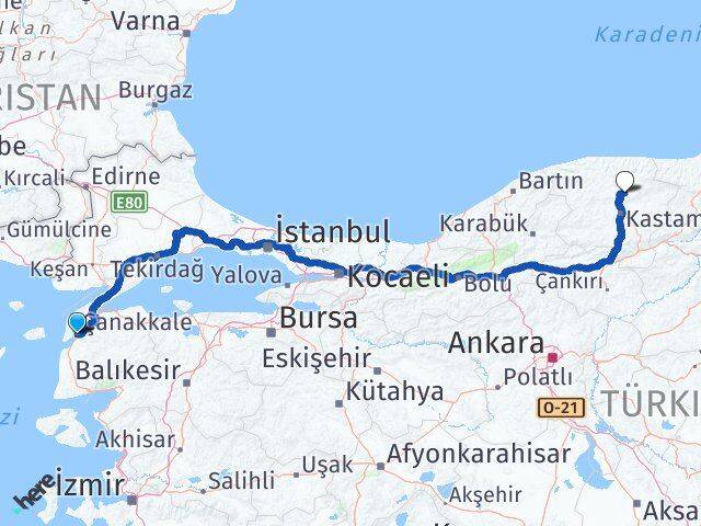Çanakkale Devrekani Kastamonu Arası Kaç Km - Yol Haritası