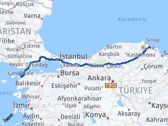 Çanakkale Dikmen Sinop Arası Kaç Km - Yol Haritası