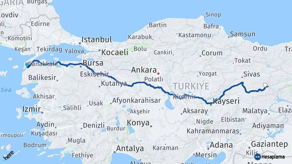 Çanakkale Divriği Sivas Arası Kaç Km - Yol Haritası