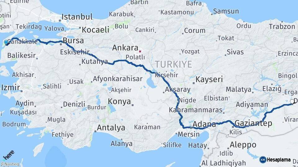 Çanakkale Diyarbakır Arası Kaç Km - Yol Haritası