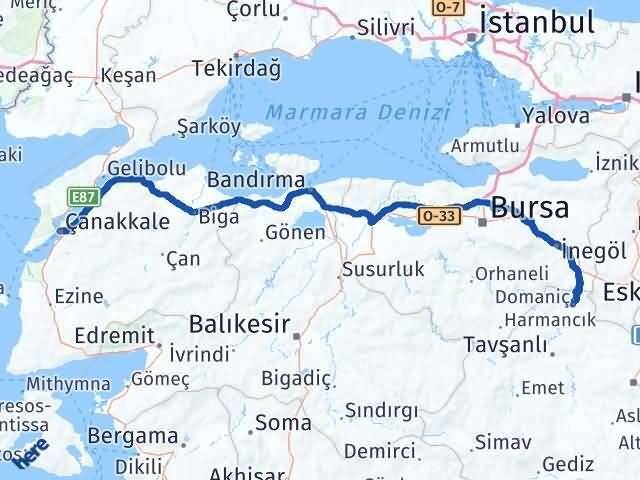 Çanakkale Domaniç Kütahya Arası Kaç Km - Yol Haritası