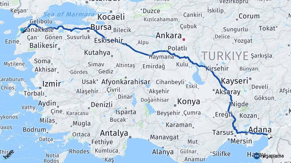 Çanakkale Dörtyol Hatay Arası Kaç Km - Yol Haritası