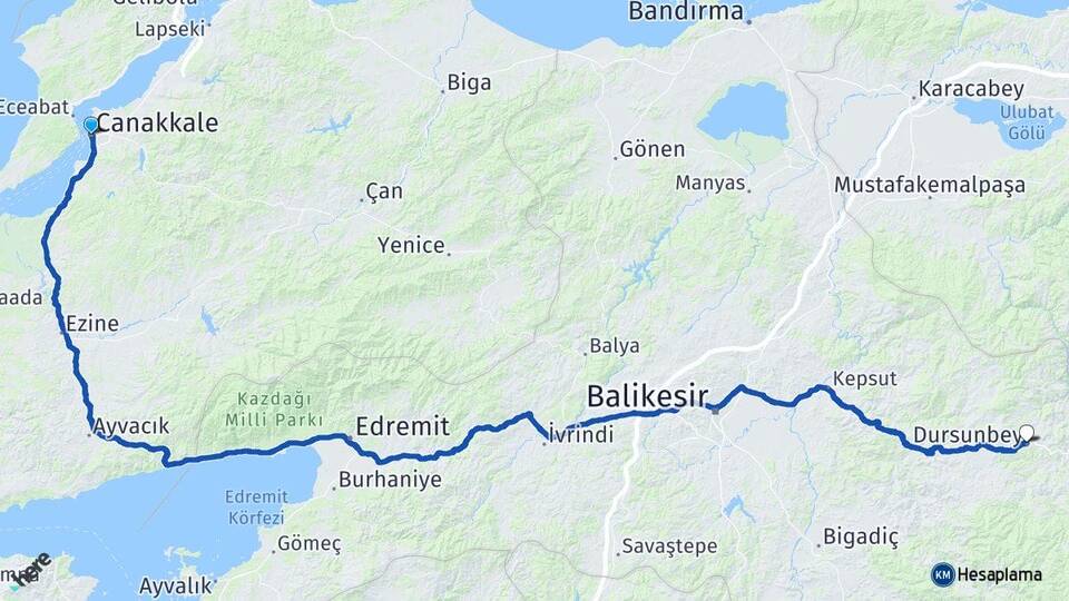 Çanakkale Dursunbey Balıkesir Arası Kaç Km - Yol Haritası