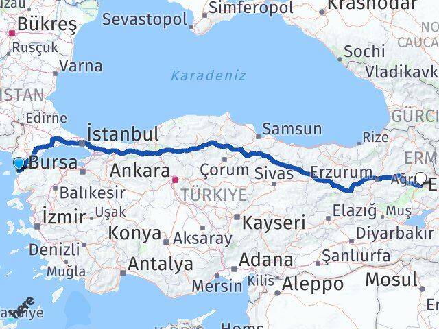 Çanakkale Eceabat Ağrı Arası Kaç Km - Yol Haritası