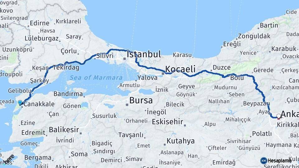 Çanakkale Eceabat Ankara Arası Kaç Km - Yol Haritası