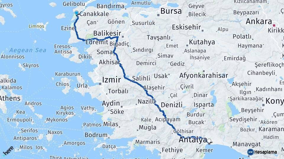 Çanakkale Eceabat Antalya Arası Kaç Km - Yol Haritası