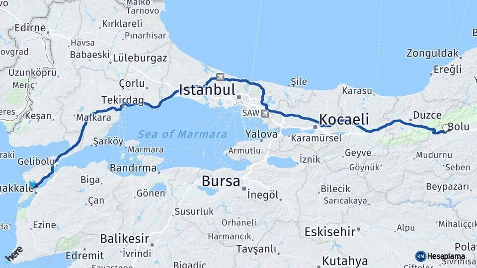 Çanakkale Eceabat Bolu Arası Kaç Km - Yol Haritası