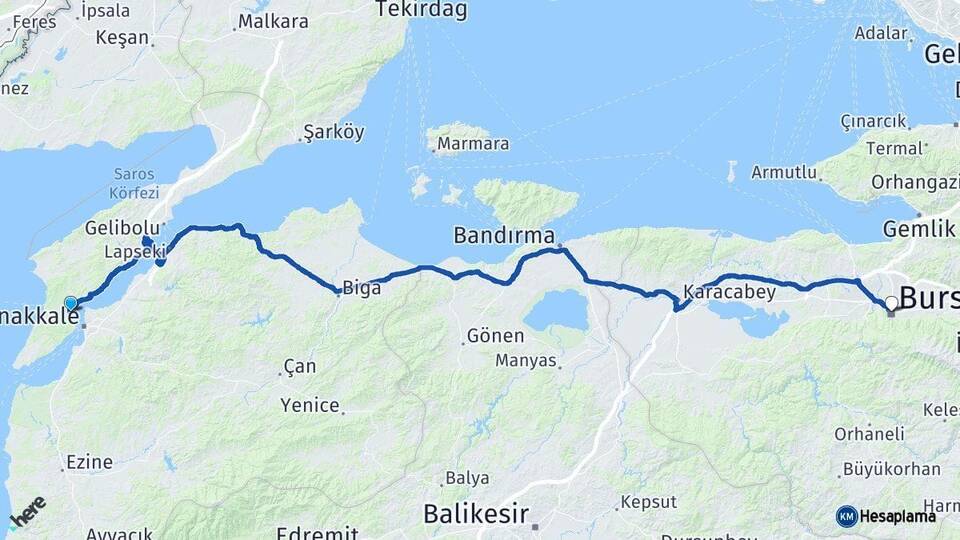 Çanakkale Eceabat Bursa Arası Kaç Km - Yol Haritası