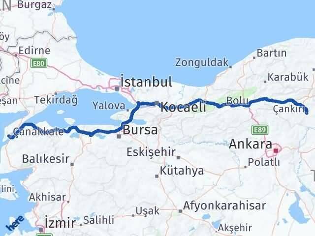 Çanakkale Eceabat Çankırı Arası Kaç Km - Yol Haritası