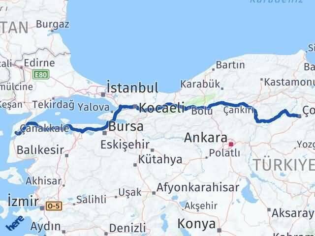 Çanakkale Eceabat Çorum Arası Kaç Km - Yol Haritası