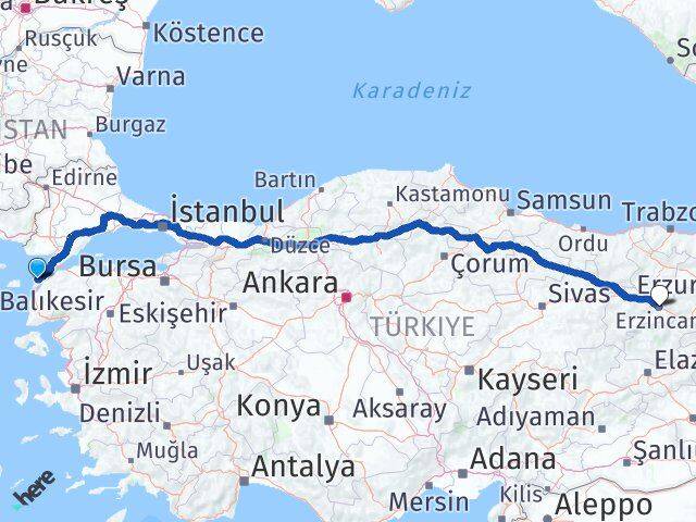 Çanakkale Eceabat Erzincan Arası Kaç Km - Yol Haritası