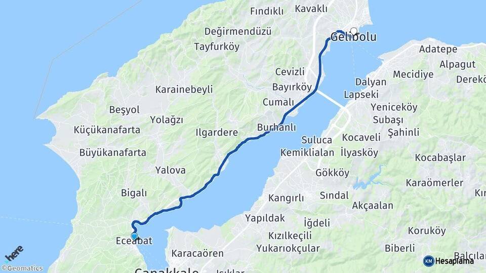 Çanakkale Eceabat Gelibolu Arası Kaç Km - Yol Haritası