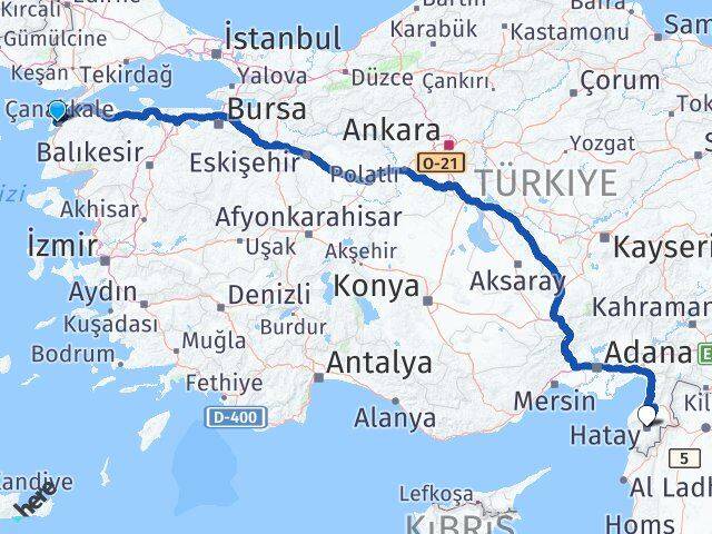 Çanakkale Eceabat Hatay Arası Kaç Km - Yol Haritası