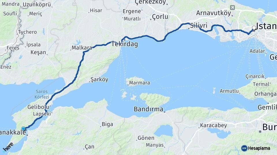 Çanakkale Eceabat İstanbul Arası Kaç Km - Yol Haritası