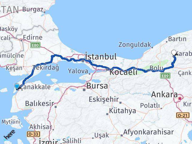 Çanakkale Eceabat Karabük Arası Kaç Km - Yol Haritası