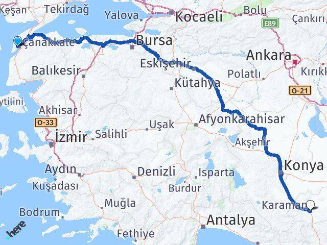 Çanakkale Eceabat Karaman Arası Kaç Km - Yol Haritası