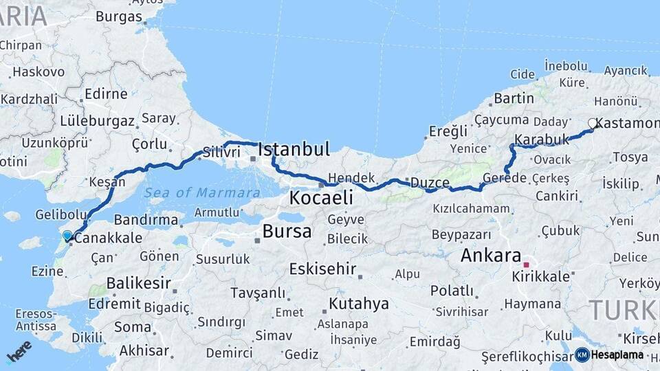 Çanakkale Eceabat Kastamonu Arası Kaç Km - Yol Haritası