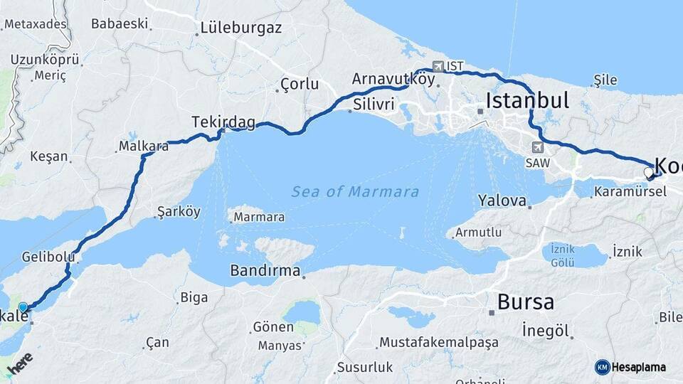 Çanakkale Eceabat Kocaeli Arası Kaç Km - Yol Haritası