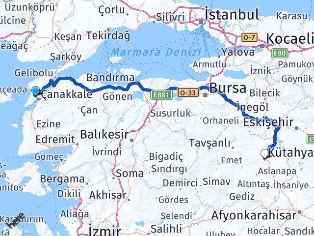 Çanakkale Eceabat Kütahya Arası Kaç Km - Yol Haritası