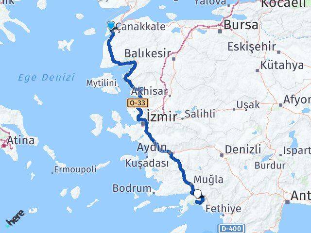 Çanakkale Eceabat Muğla Arası Kaç Km - Yol Haritası