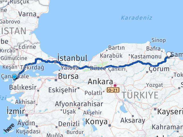 Çanakkale Eceabat Samsun Arası Kaç Km - Yol Haritası