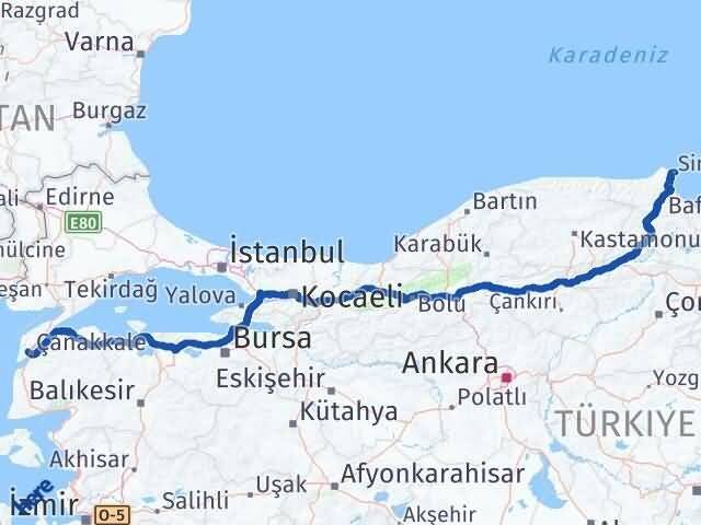 Çanakkale Eceabat Sinop Arası Kaç Km - Yol Haritası