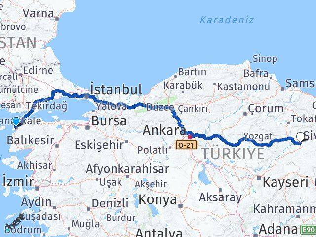Çanakkale Eceabat Sivas Arası Kaç Km - Yol Haritası