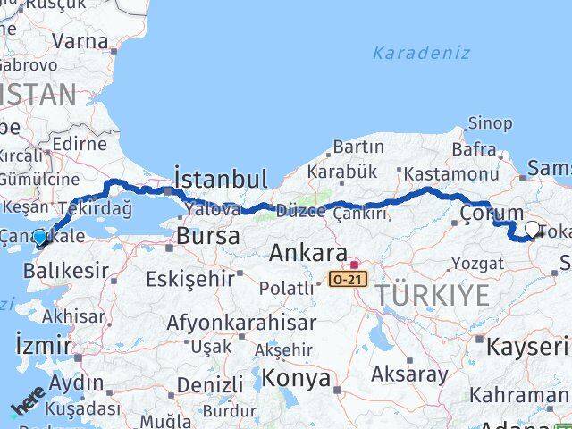 Çanakkale Eceabat Tokat Arası Kaç Km - Yol Haritası
