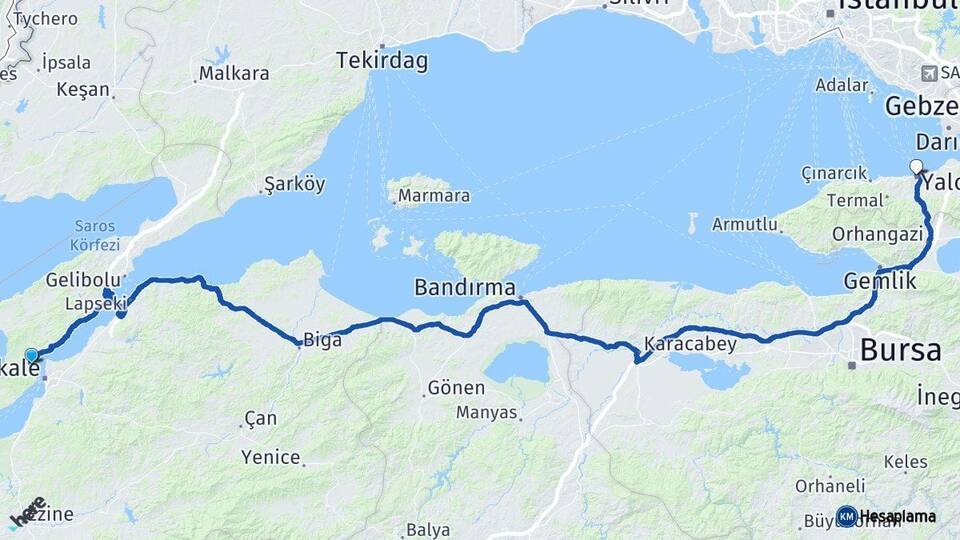 Çanakkale Eceabat Yalova Arası Kaç Km - Yol Haritası
