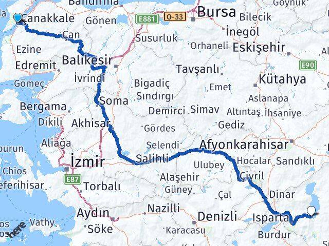 Çanakkale Eğirdir Isparta Arası Kaç Km - Yol Haritası