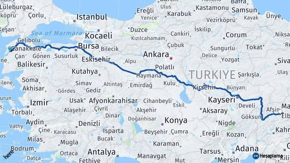 Çanakkale Elbistan Kahramanmaraş Arası Kaç Km - Yol Haritası