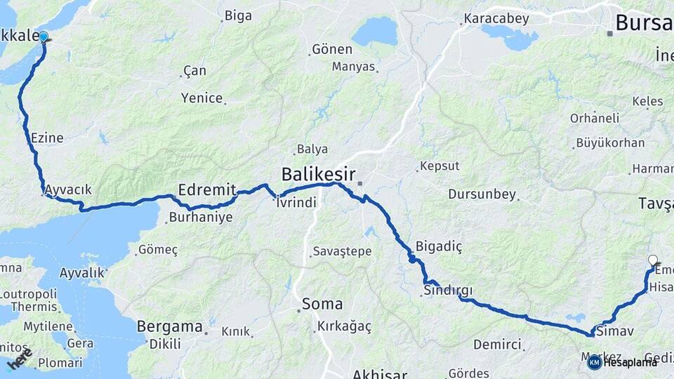 Çanakkale Emet Kütahya Arası Kaç Km - Yol Haritası