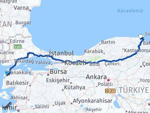 Çanakkale Erfelek Sinop Arası Kaç Km - Yol Haritası