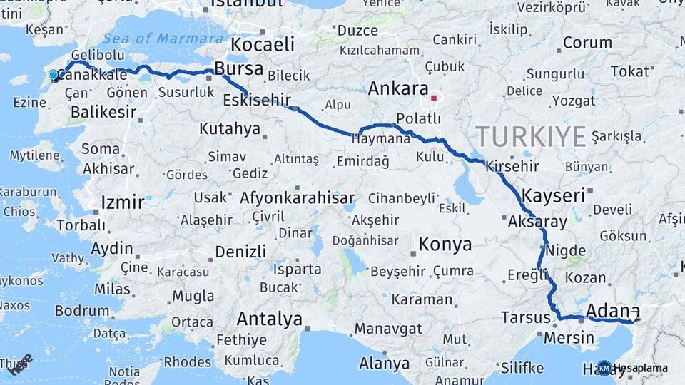 Çanakkale Erzin Hatay Arası Kaç Km - Yol Haritası
