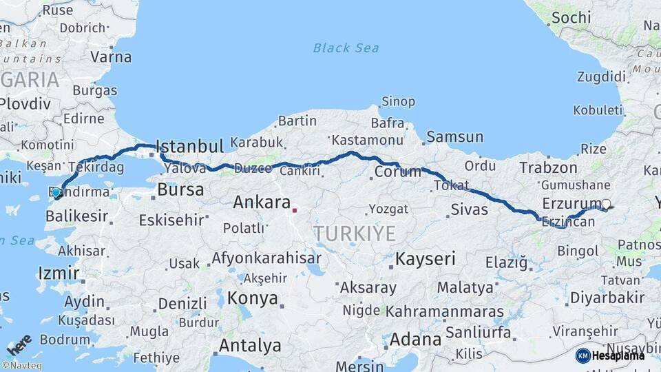 Çanakkale Erzurum Arası Kaç Km - Yol Haritası