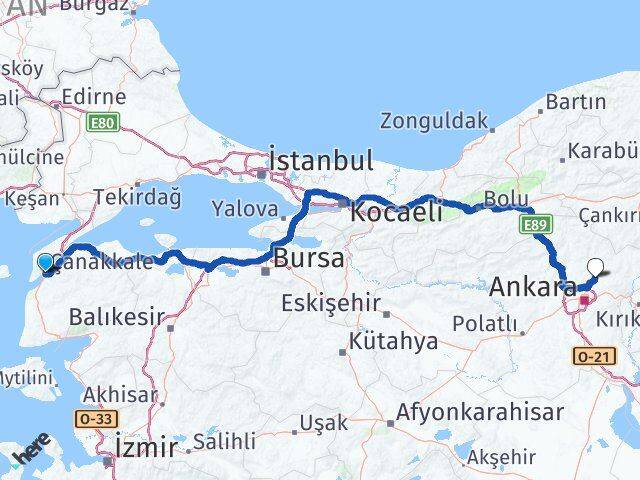 Çanakkale Esenboğa Havalimanı Arası Kaç Km - Yol Haritası
