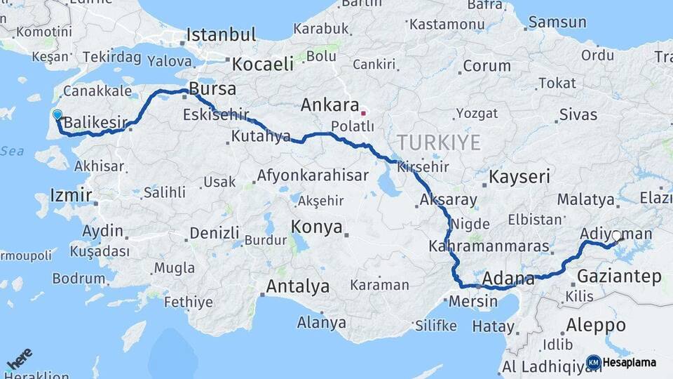 Çanakkale Ezine Adıyaman Arası Kaç Km - Yol Haritası