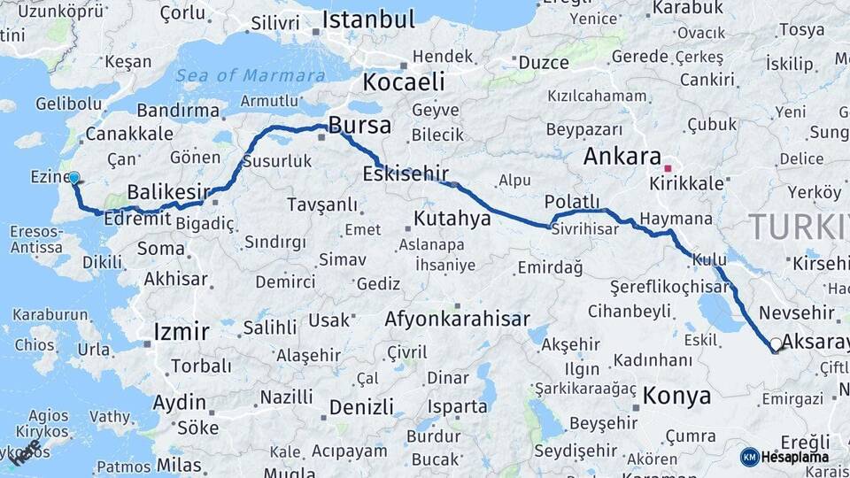 Çanakkale Ezine Aksaray Arası Kaç Km - Yol Haritası