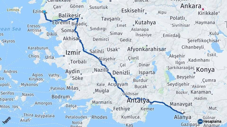 Çanakkale Ezine Alanya Antalya Arası Kaç Km - Yol Haritası