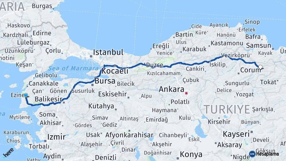 Çanakkale Ezine Amasya Arası Kaç Km - Yol Haritası