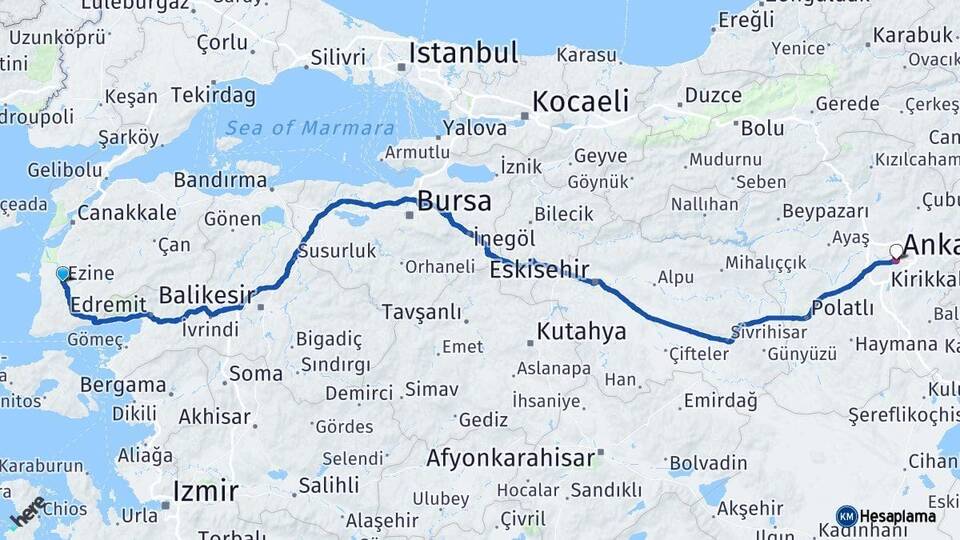 Çanakkale Ezine Ankara Arası Kaç Km - Yol Haritası