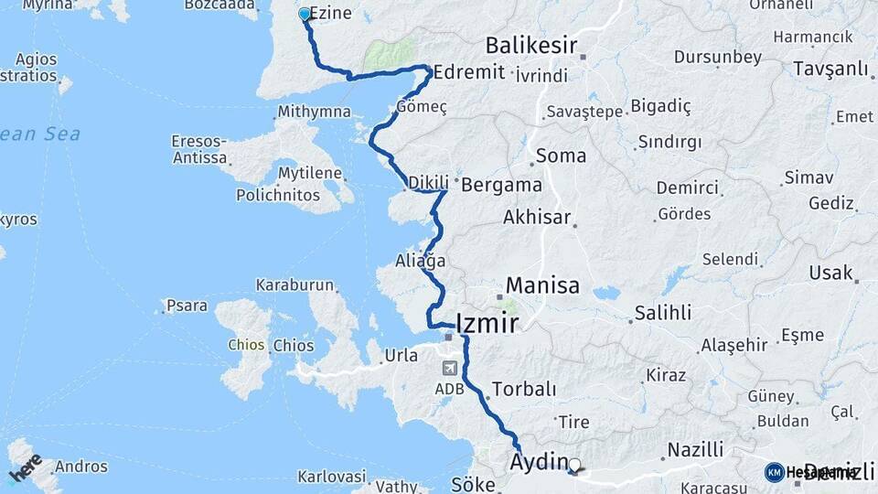 Çanakkale Ezine Aydın Arası Kaç Km - Yol Haritası