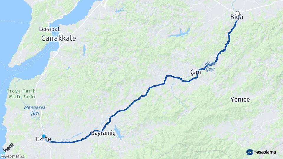 Çanakkale Ezine Biga Arası Kaç Km - Yol Haritası