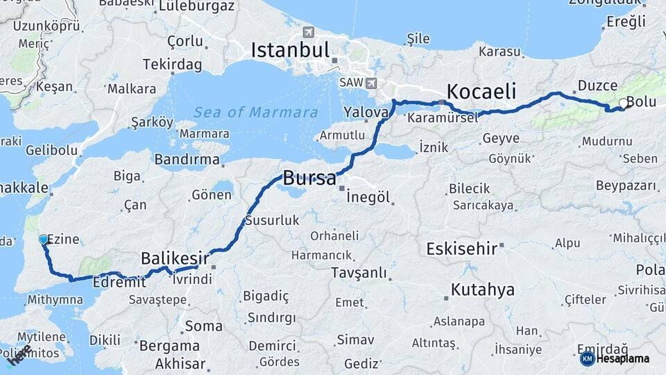 Çanakkale Ezine Bolu Arası Kaç Km - Yol Haritası