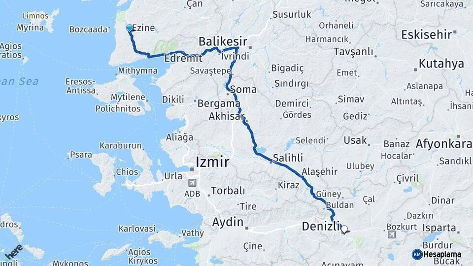 Çanakkale Ezine Denizli Arası Kaç Km - Yol Haritası