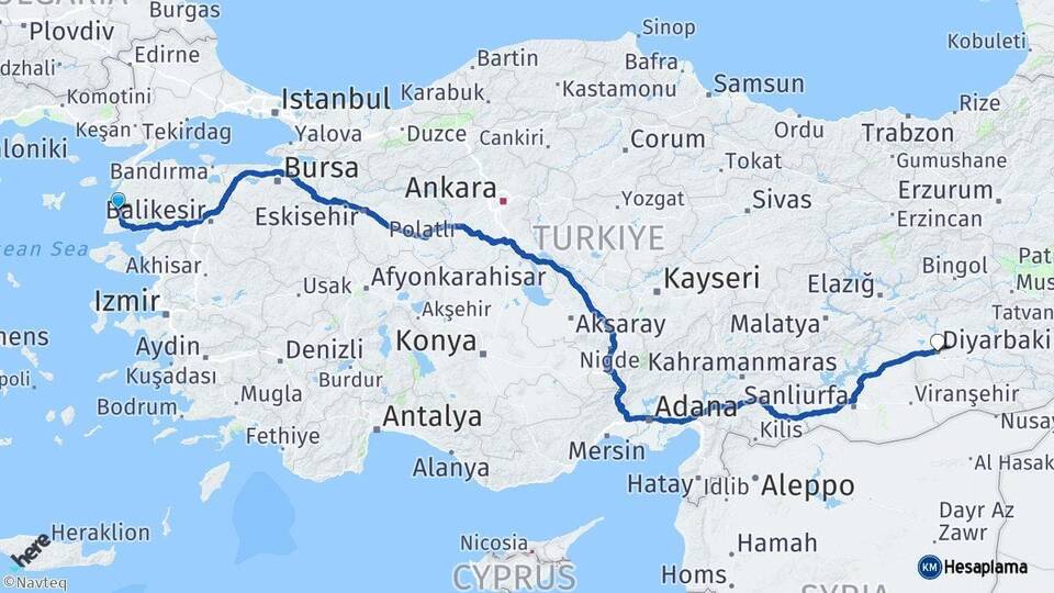 Çanakkale Ezine Diyarbakır Arası Kaç Km - Yol Haritası