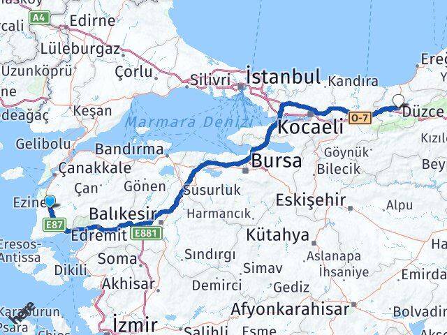 Çanakkale Ezine Düzce Arası Kaç Km - Yol Haritası